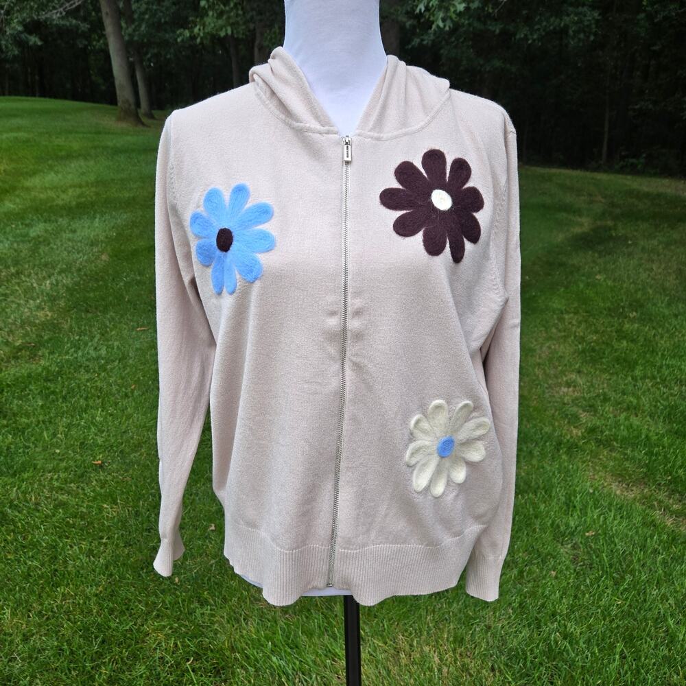 Aaeda Women's Boho Daisy Cardigan Hoodie Sweater Cream Floral Applique size XL